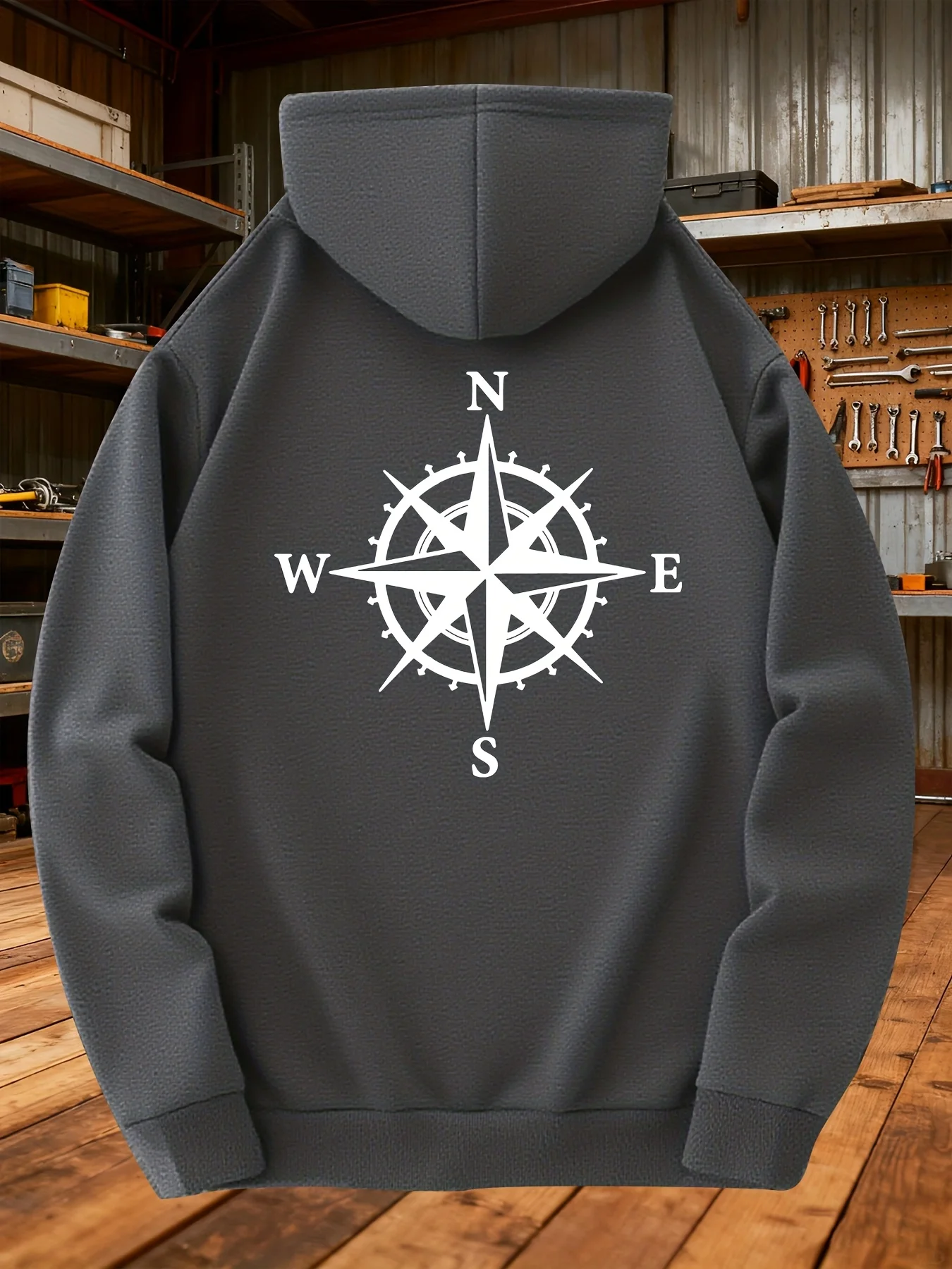 2026 Autumn/Winter Men's Olive Green Compass Rose and Nautical Print Hooded Long-Sleeve Sweatshirt Casual Wear