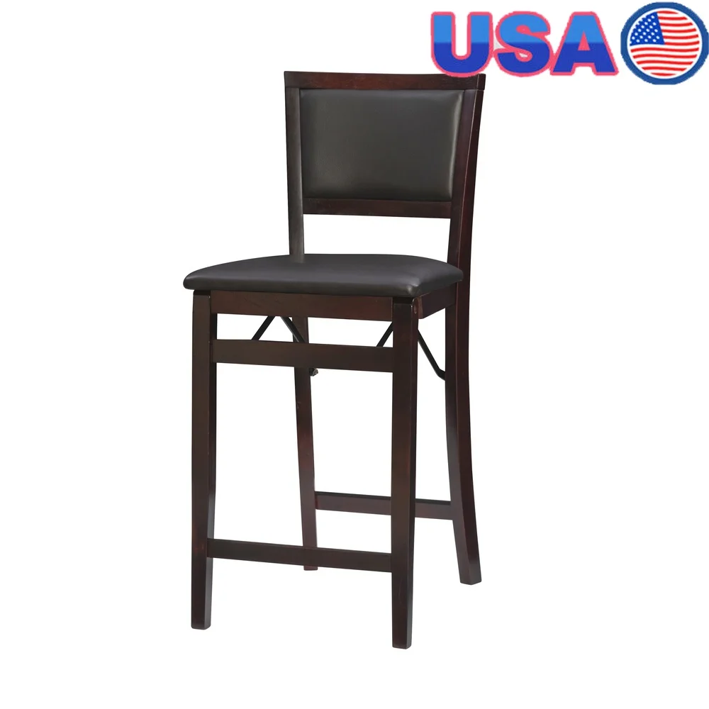 

Folding Counter Stool with Padded Back Espresso Brown Faux Leather Seat Space Saving Design Easy Storage Stability