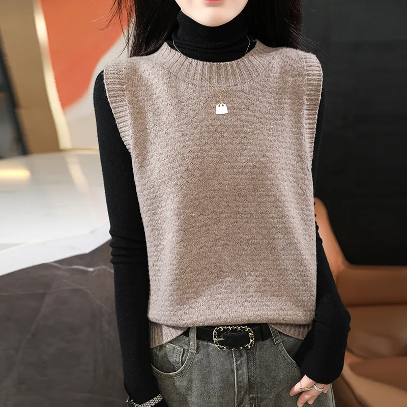 Women's round neck seven needle pure wool vest one line knitted sweater soft and casual sled basic color matching versatile vest