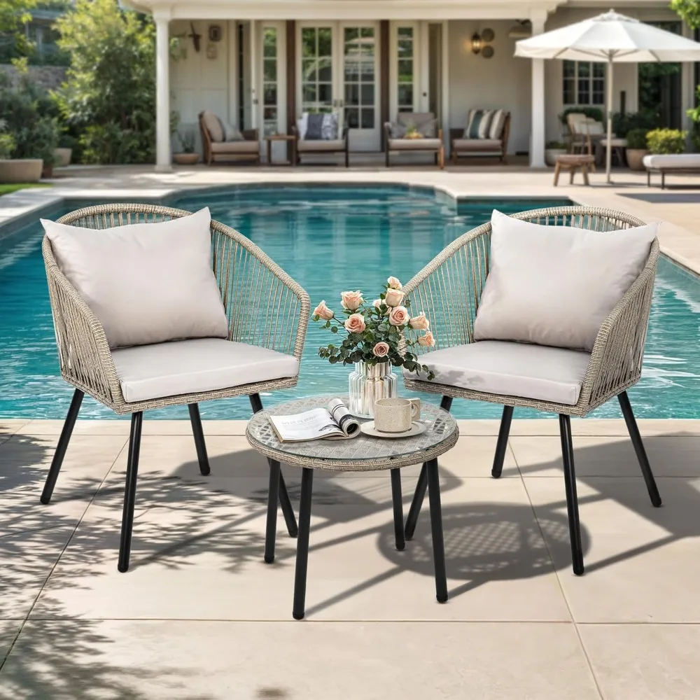 

Bistro Set Outdoor Rattan 3-Piece Wicker Furniture Small Patio Balcony Chairs, with Tempered Glass Coffee Table and Armchairs f