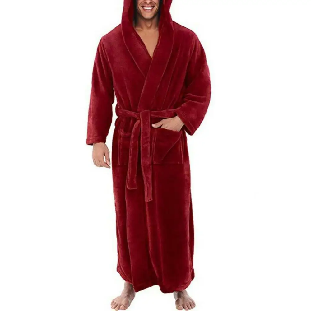 Soft Solid Color Male Robe Pockets Belt Bathrobe Cozy Luxurious Men's Hooded with Adjustable Ultra Absorbent with Plush Solid Co