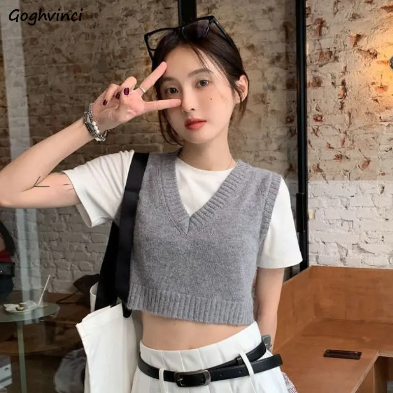 Sweater Vests Women Simple All-match Basic V-neck Casual Spring Vintage Knitting Fashion Ulzzang Ladies Temperament Classic Chic