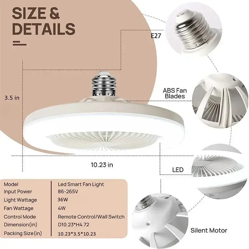 Ventiladores de techo silenciosos inteligentes con Control remoto, ventilador de techo con lámpara LED, Base convertidora E27 para dormitorio y sala