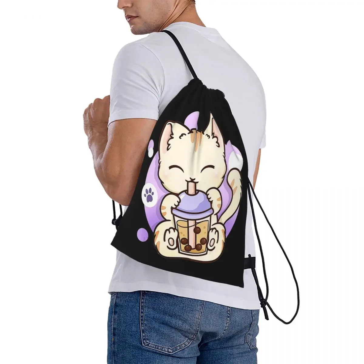 Cat Boba Tea Bubble Tea Anime mochilas Kawaii japonesas para niñas adolescentes, bolsas con cordón, paquete de bolsillo, bolsa de libros deportiva