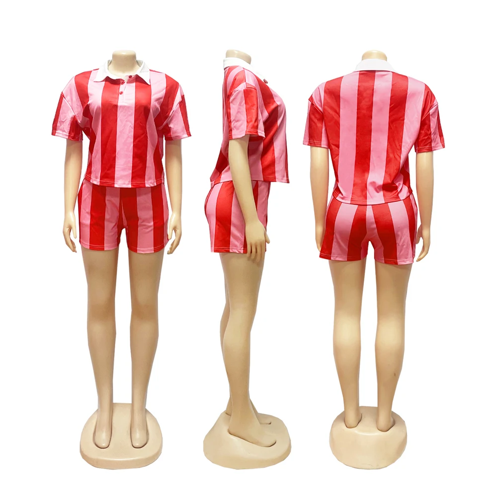 Damenbekleidung, modisch, gestreift, langärmelig, Polo-Ausschnitt, T-Shirt und Shorts, 2022, Frühling, Sommer, 2-teiliges Set, Trainingsanzug – Detail 7