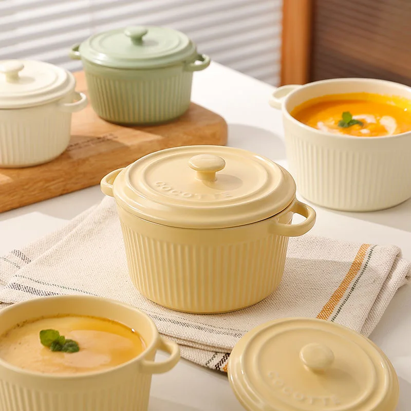 وعاء بيض مزدوج الأذن مع غطاء ، وعاء الحساء السيراميك ، بيضة على البخار الطفل ، كوب الحلوى ، الحلوى ، خاصة ، المنزلية ، ماكرون