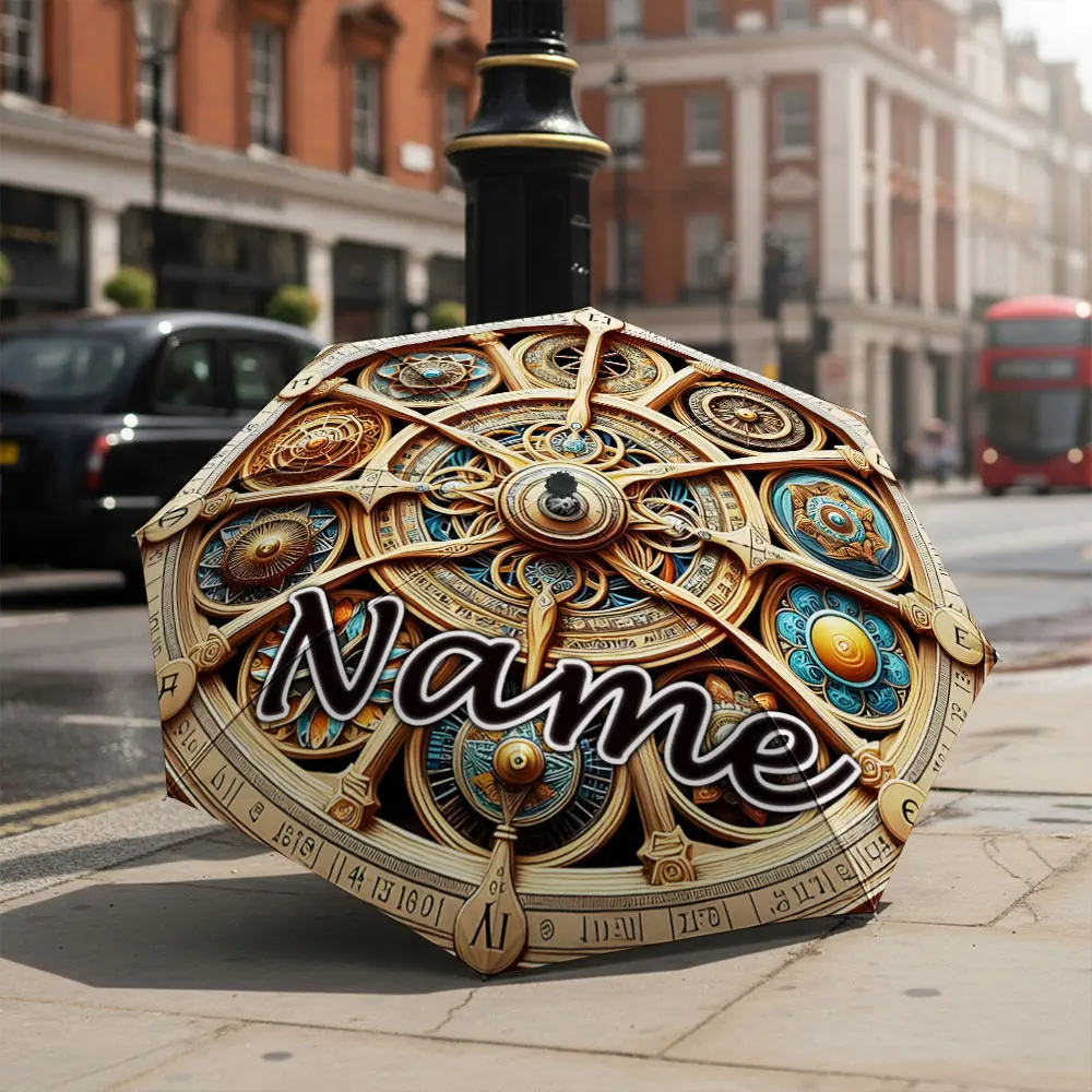 Custom Name Umbrella Vintage Astrological Astronomical Clock Dial Print Folding Umbrella Compact Portable Travel Parasol