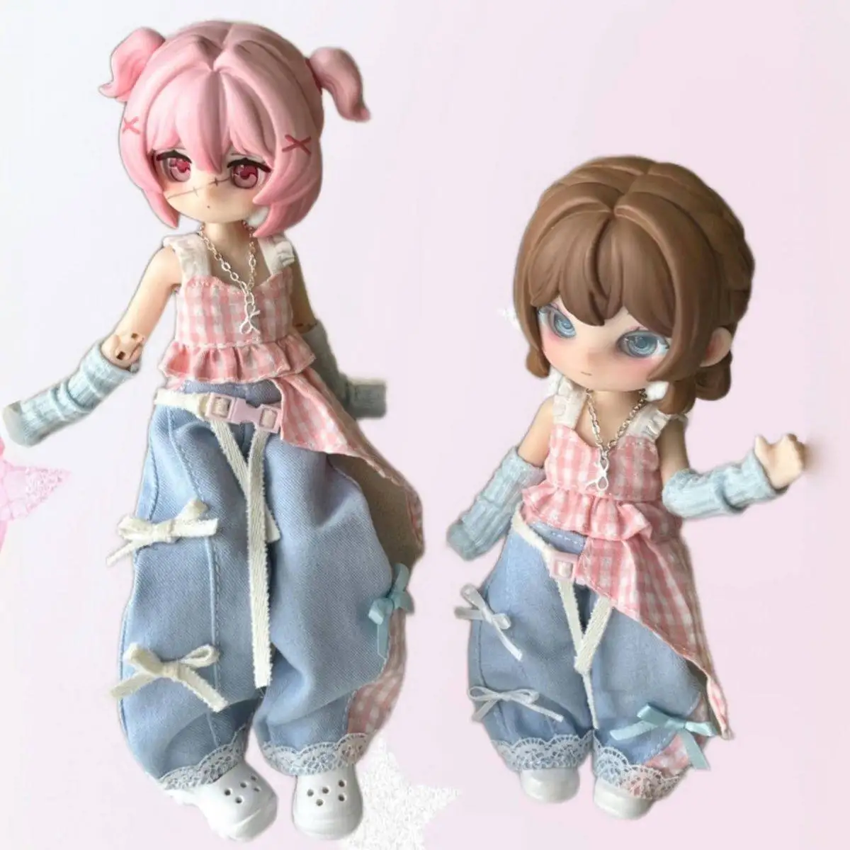 OB11 Clothes Set Shirt + Pants + Belt Cute Checkered Denim Outfit For P9 YMY GSC OB11 Body 1/12 Doll Clothing Accessories C2545