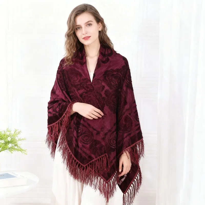 

Spring Autumn Winter Vintage Large Square Scarf Ethnic Style Velvet Jacquard Fringe Shawl Warm Cheongsam Cape
