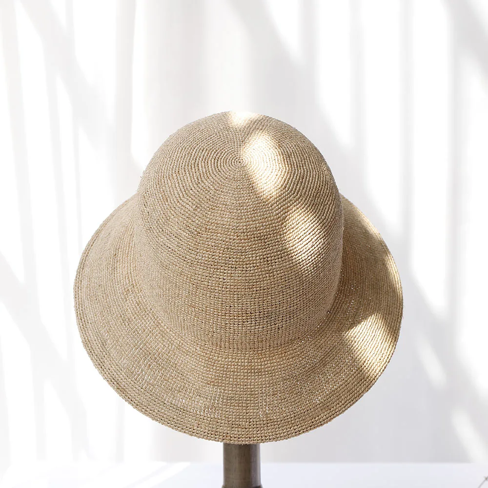 2024 new Handmade Ladies Crochet Natural Raffia Straw Bucket Hat For Spring Summer Beach Floppy fisherman Caps