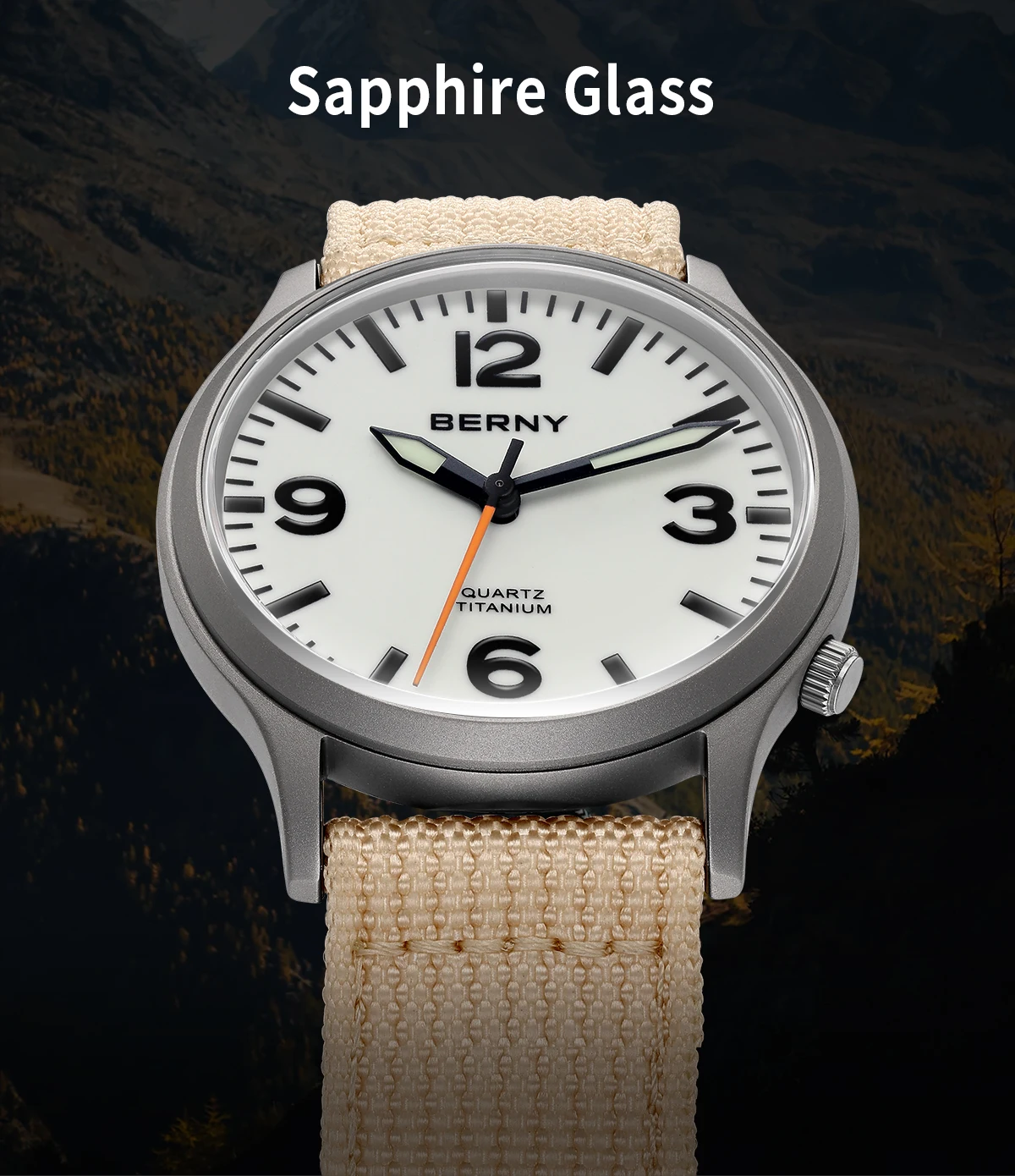 BERNY Titanuhren für Herren, Saphir-Feldsport-Quarzuhr, voll leuchtendes Zifferblatt, wasserdichte Armbanduhr für den Außenbereich – Detail 4