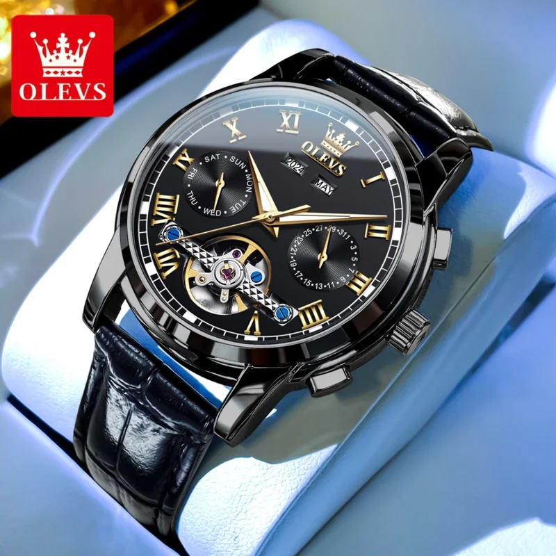 

OLEVS 6607 Mechanical Fashion Watch Genuine Leather Watchband Round-dial Wristwatch