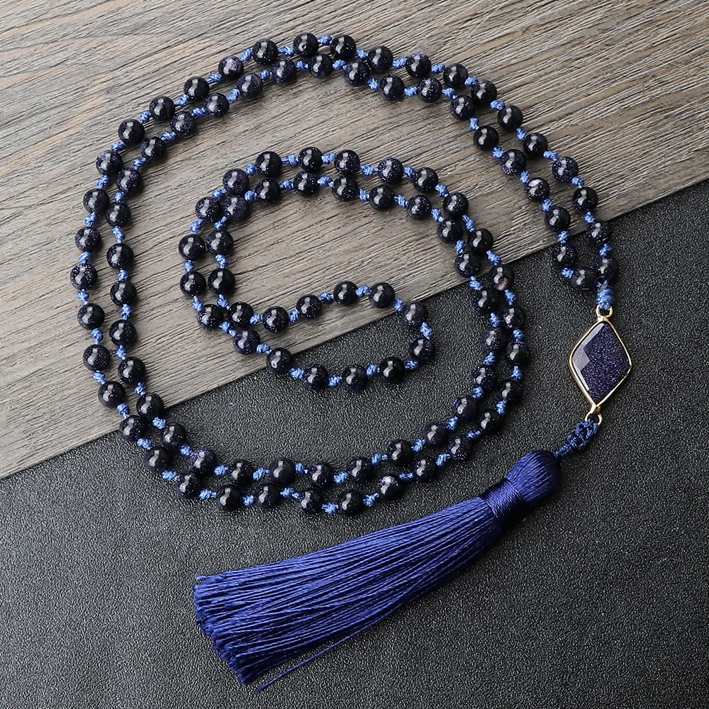 6mm Blue SandStone Beaded Necklace 108 Mala Beads Meditation Healing Tassel Bangles Chain Jewelry Friendship Pulsera Wholesale