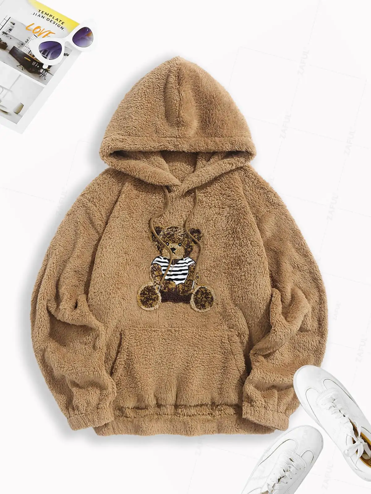 

ZAFUL Bear Terry Embroidered Pullover Fluffy Faux Fur Teddy Hoodie