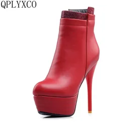 QPLYXCO 2017 New Sale Big Small Size 31-46 Ankle Short Boot Winter Sexy Women Round Toe High Heels(14cm) Wedding Party Shoes 559