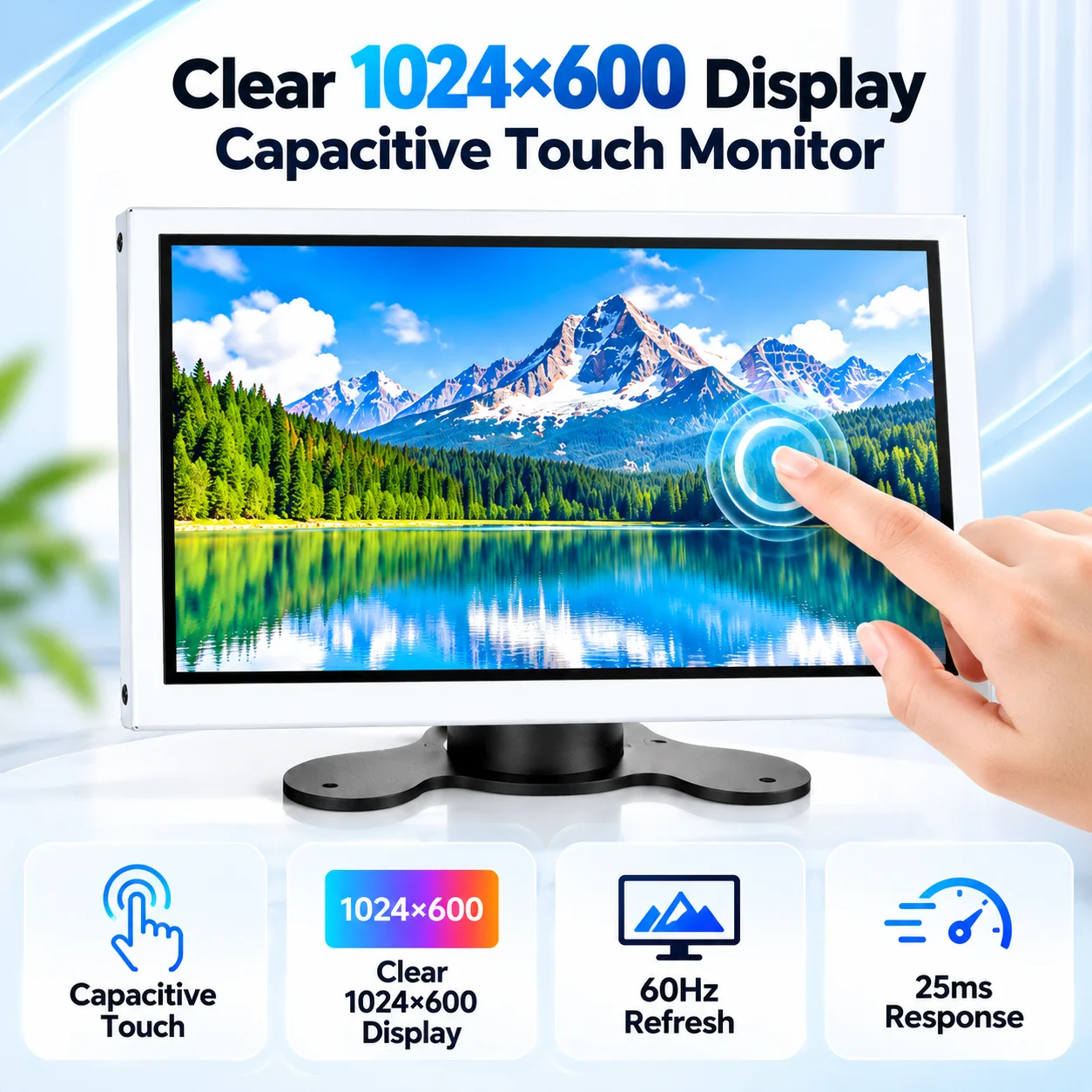 LESOWN 7 Inch White Small Monitor IPS 1024x600 HDTV Input 300cd/m2 25ms Response Stand VESA 75 for Office Desktop 166x102mm Size