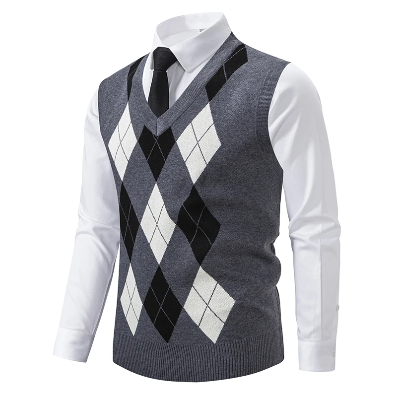 

New in Men's Argyle Vests Fashion V-neck Sleeveless Pullover Vest Luxury Contrast Men's Kntted Waistcoat JJ955