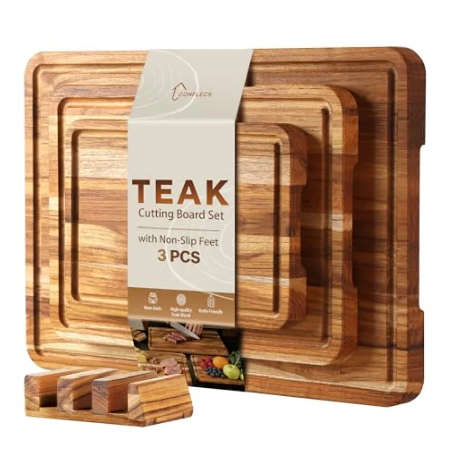 

3 Pack Teak Cutting Board Set for Kitchen Wood Charcuterie Board with Juice Groove Wooden Cutting Boards Non Toxic Heavy Duty S