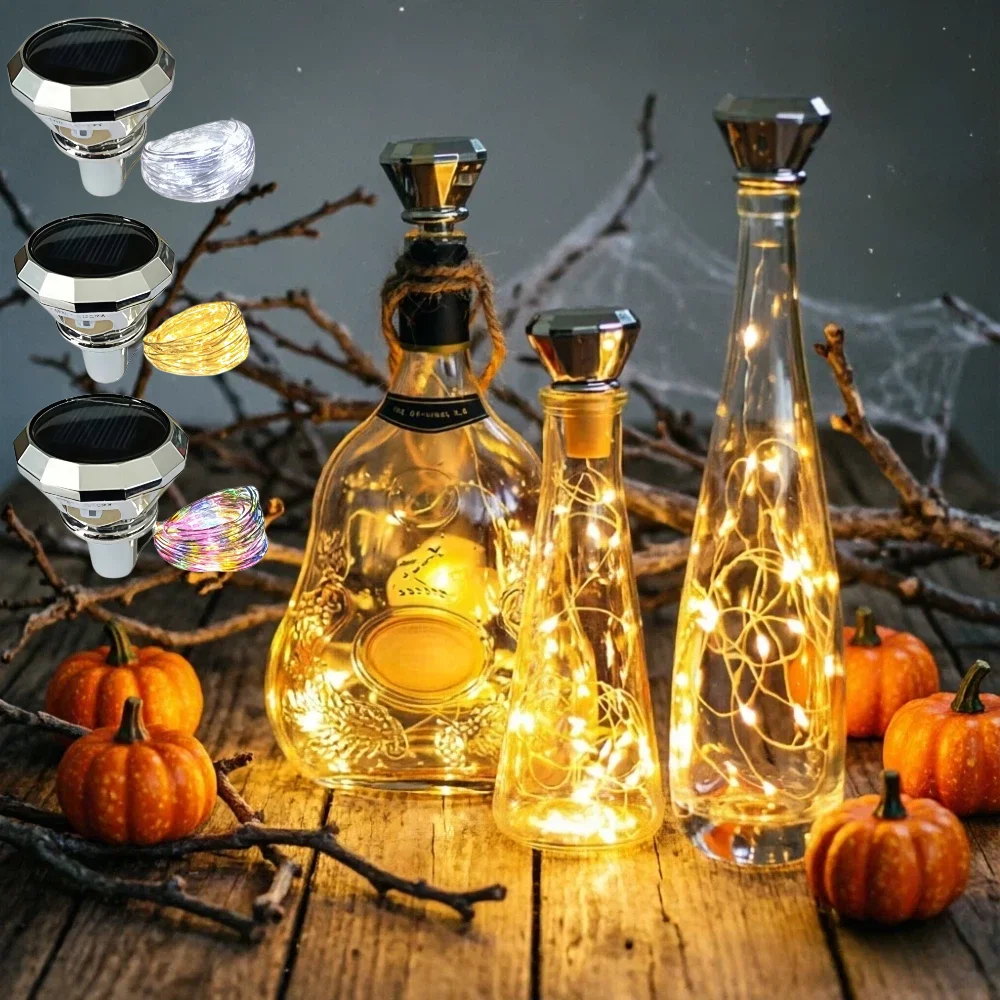 3pcs Diamond Shaped Solar Bottle Cap LED Light String, DIY Christmas and Halloween Decor Light String for Garden Wine Bottles