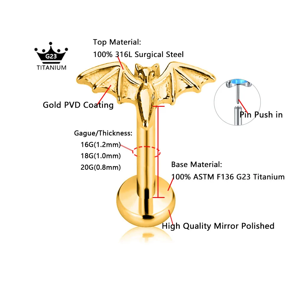 ASTM F136 G23 Titanium Flower Heart Bat Dagger Butterfly Threadless Piercing Pin Push in Labret Daith Conch Earring 16G 18G 20G