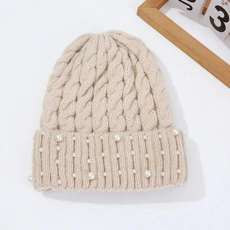 قبعة لؤلؤية للنساء شتوية دافئة متماسكة قبعة جمجمة ناعمة للأنشطة الخارجية #1