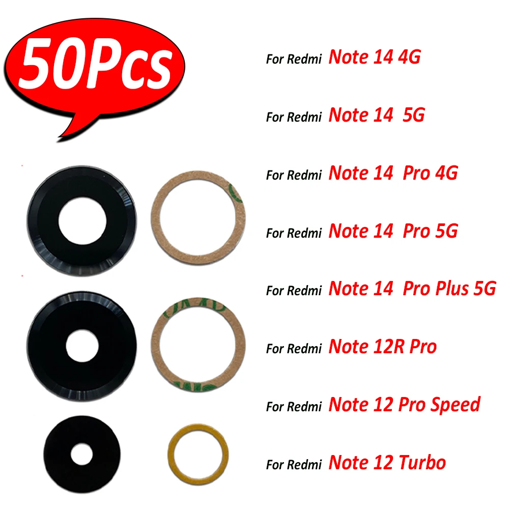 50Pcs，Back Rear Camera Glass Lens With Adhesive For Xiaomi Redmi 15C Note 14 15 Pro Plus 4G 5G 12R Pro 12 Pro Speed 12 Turbo