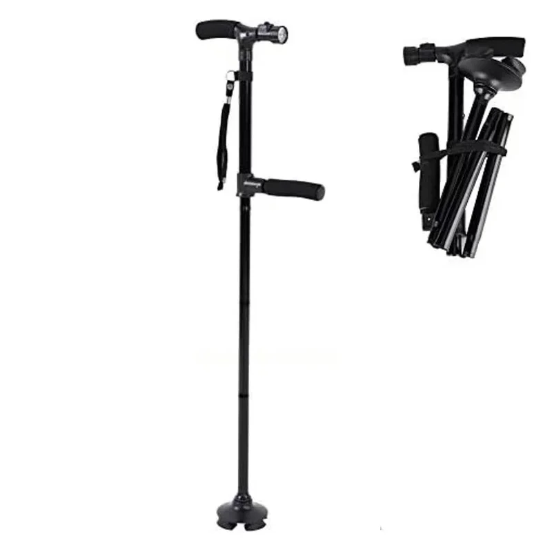 Height Adjustable Elderly Walking Stick with Voice Announcement LED Lights Lightweight Foldable Outdoor Walking and Camping Cane