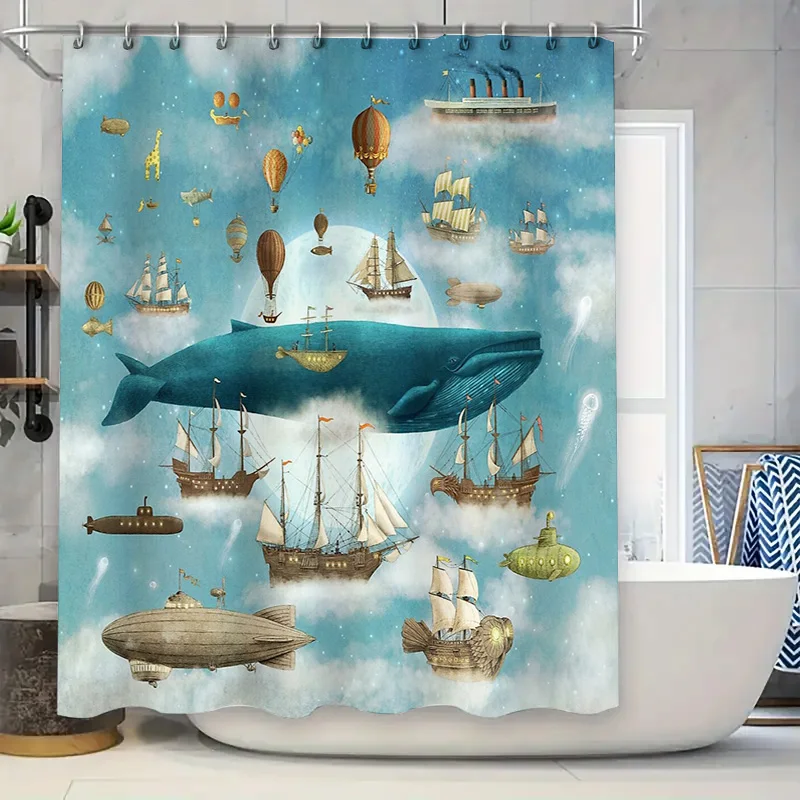

Whale Ocean Nautical Shower Curtain Set Vintage Sea Life Backdrop Bathroom Decor Whale Pattern Waterproof Home Textile