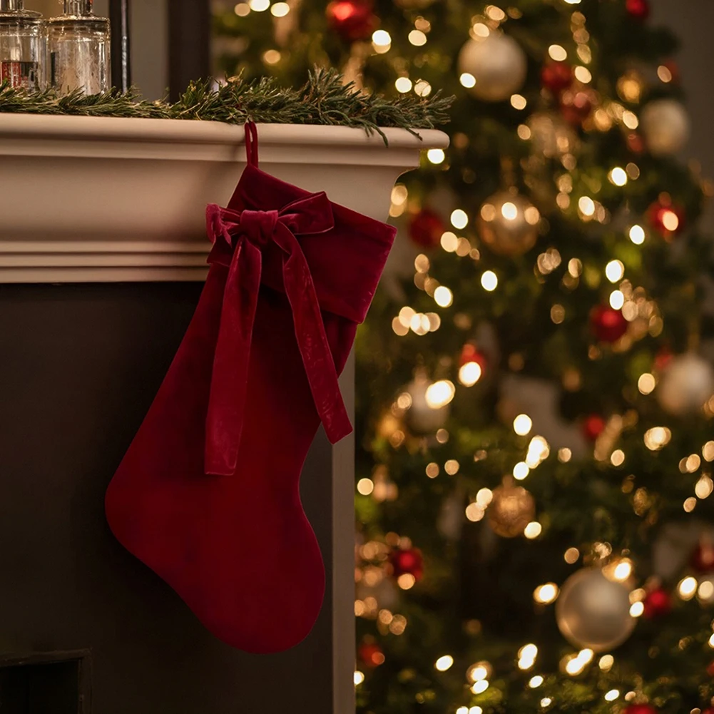 

Бархатные рождественские чулки с большими декоративными бантами, универсальные чулки, многоразовая подарочная сумка, праздничная вечеринка