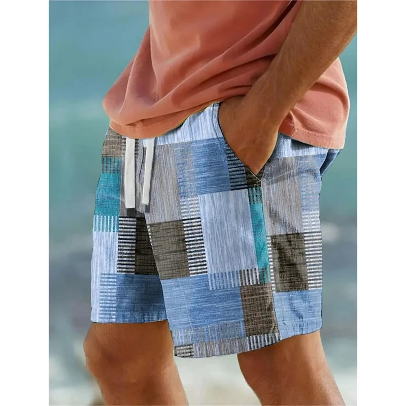 Plaid Splicing Pattern Beach Shorts For Men Colorful Geometric 3D Printed Swim Trunks Summer Fashion Street Loose Board Shorts