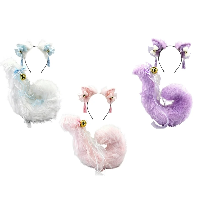 A52E Anime Cosplay Requisiten Katzen Ohren und Schwanz Set Plüsch Pelzigen Ohren Hairhoop mit Schwanz – Detail 1