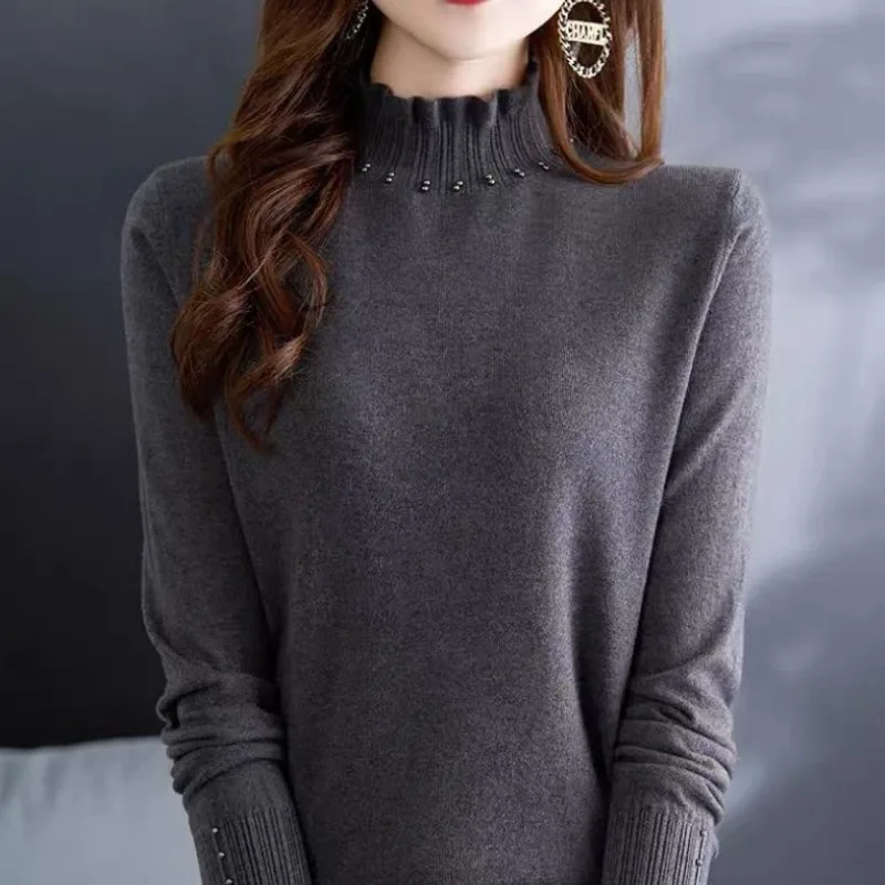 

Half Turtle Neck Fashionable Women's Clothing Fashionable and Versatile Solid Color Fungus Lace Sweater Autumn New Sweater