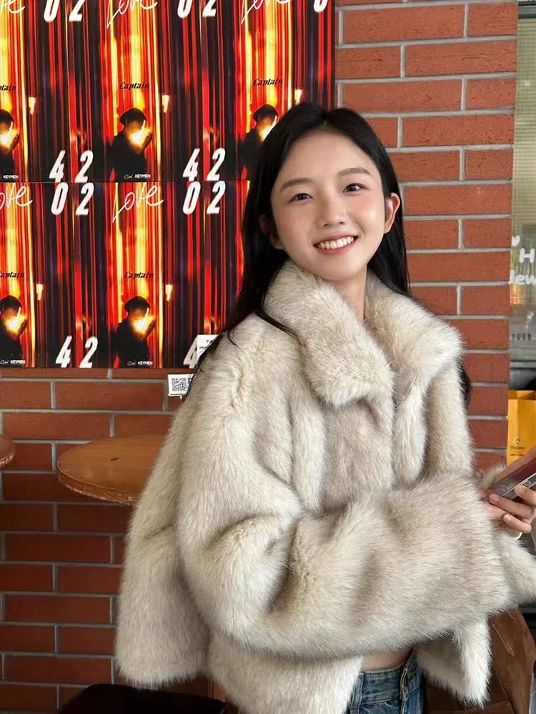 

Winter Faux Fox Fur Coats for Women Fashion Thick Warm Crop Jacket Y2K Korean Streetwear Fluffy Artificial Fur Outerwear Female