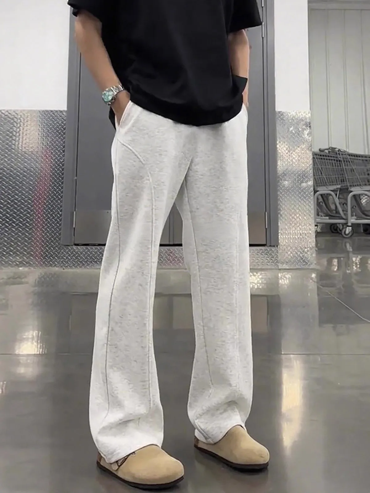 Slim Fit Casual Pants American Style Grey And White Flowers Side Cut Bend Knife Sports Sweatpants Men Women Spring Straight D...