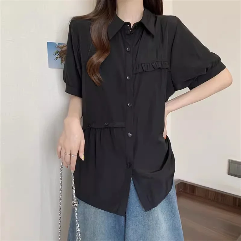 

Belly Covering age Reducing Bubble Sleeves Chiffon Shirt 2024 Summer Slimming and Flesh Covering full Shoulder Western-Style Top