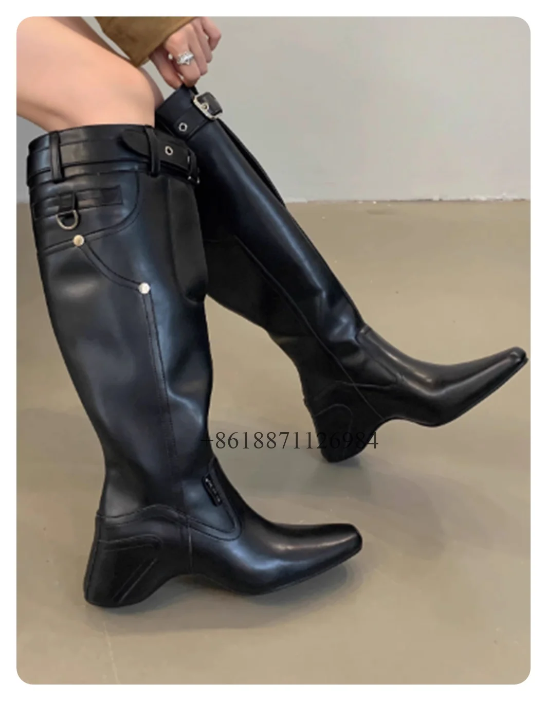 2024 New Retro Style Square Toe Knee-High Adjustable Large Women Boots Strange High Heels Buckle Strap Design Fashion Shoes