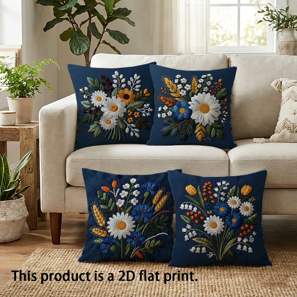 1/4pcs Floral-Embroidered Blue Pillow Covers Sofa cushion cover home bedroom room decoration