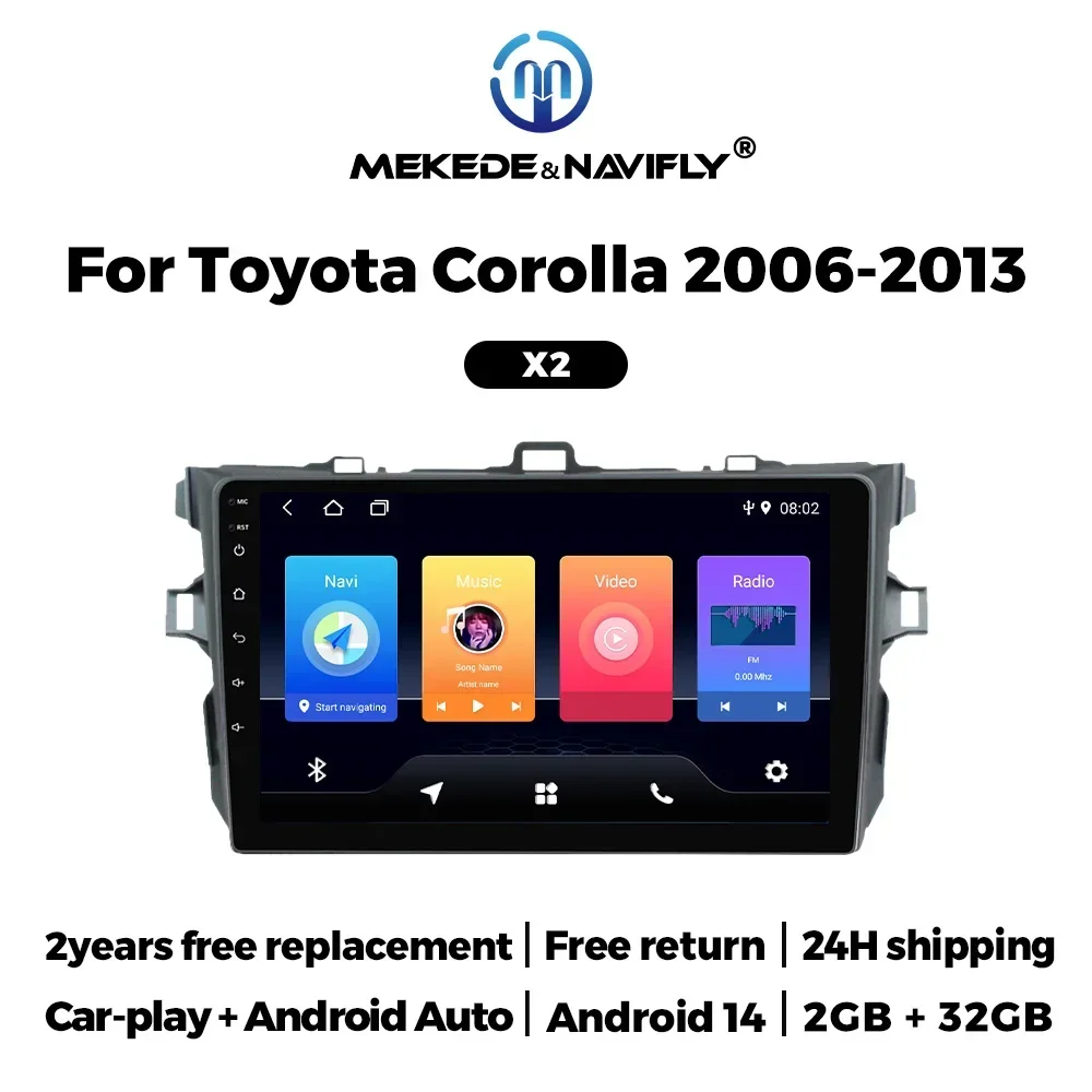 2Din 9inch Android 14 Car Radio for Toyota Corolla E140/150 2006-2013 Carplay Multimedia Players GPS Navigation Stereo Head Unit
