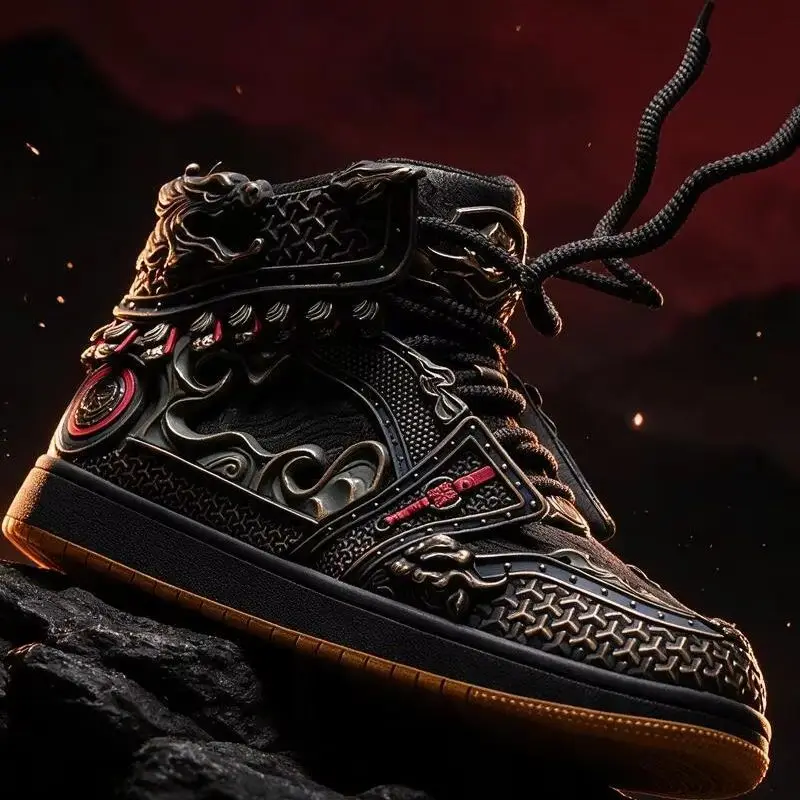 Men Wukong Totem High‑top Board Shoes 2026 Chinese Style Rubber Sole Wear‑resistant Lace‑up Large‑size Casual Sneakers Black