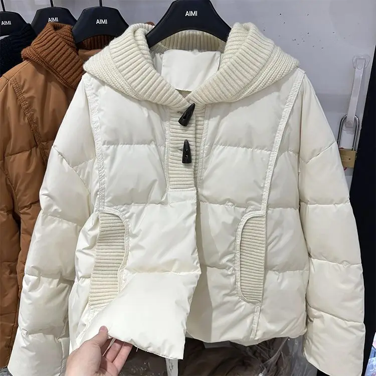 

2025 European Autumn/Winter New Women's Down Jacket Knitted Hooded Splicing Casual Jacket