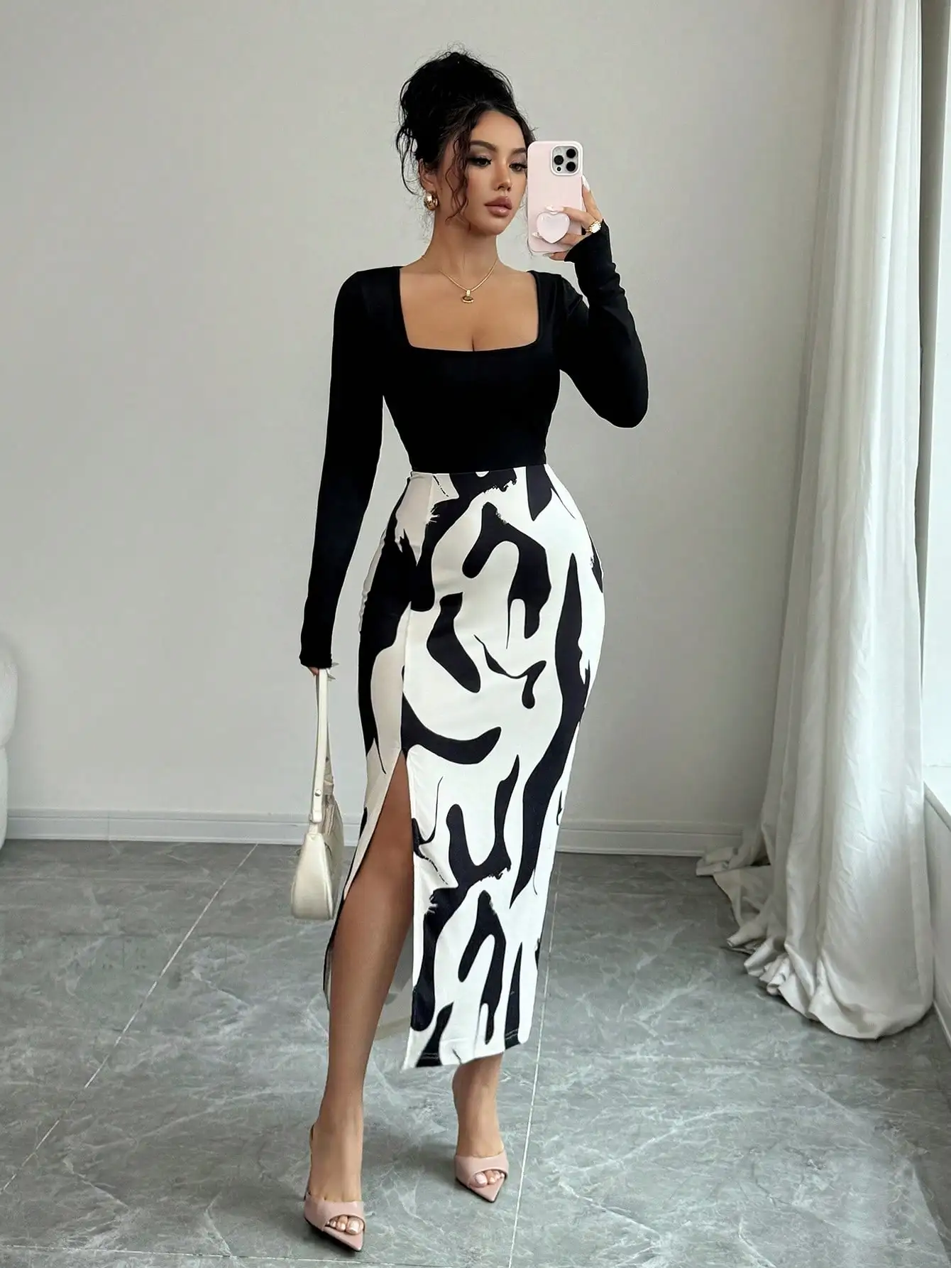 

Black & White Abstract Print High Slit Midi Skirt with Square Neck Top Set