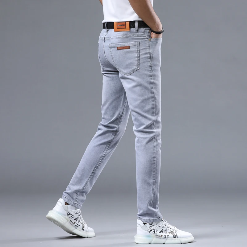 Pantalones vaqueros rectos informales de lujo para hombre, pantalones ajustados elásticos de color gris claro, a la moda, 2024