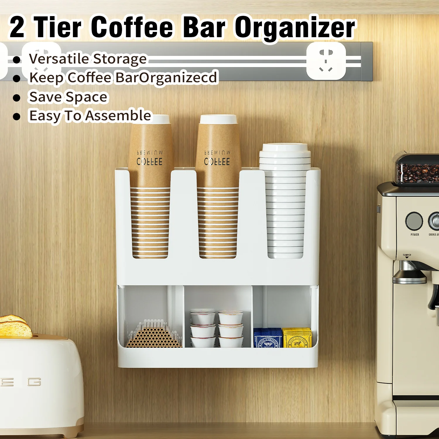 Coffee Station Organizer 2 Tier Storage Rack Wall Tabletop Mount Paper Cup Dispenser Multi Compartment Holder for Pods Straws