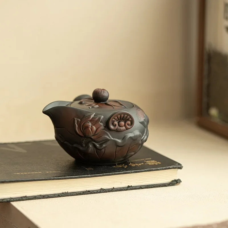 1PC 150ML Chinese Purple Pottery Lotus Ruyi Teapot Grab Pot Treasure Vase Pot Tea Table Decoration Ornament Brewing Teapot Gifts