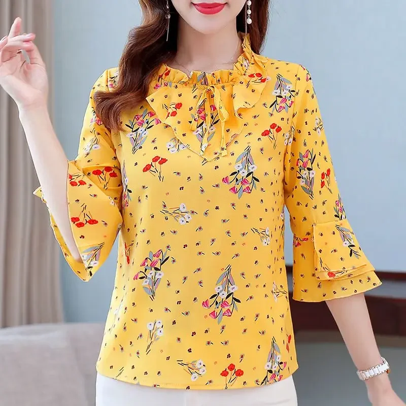

Summer New Fashion Fragmented Chiffon Shirt Women's Print Half Sleeve Top Bow Ruffles Bottoming Blouse S-5XL