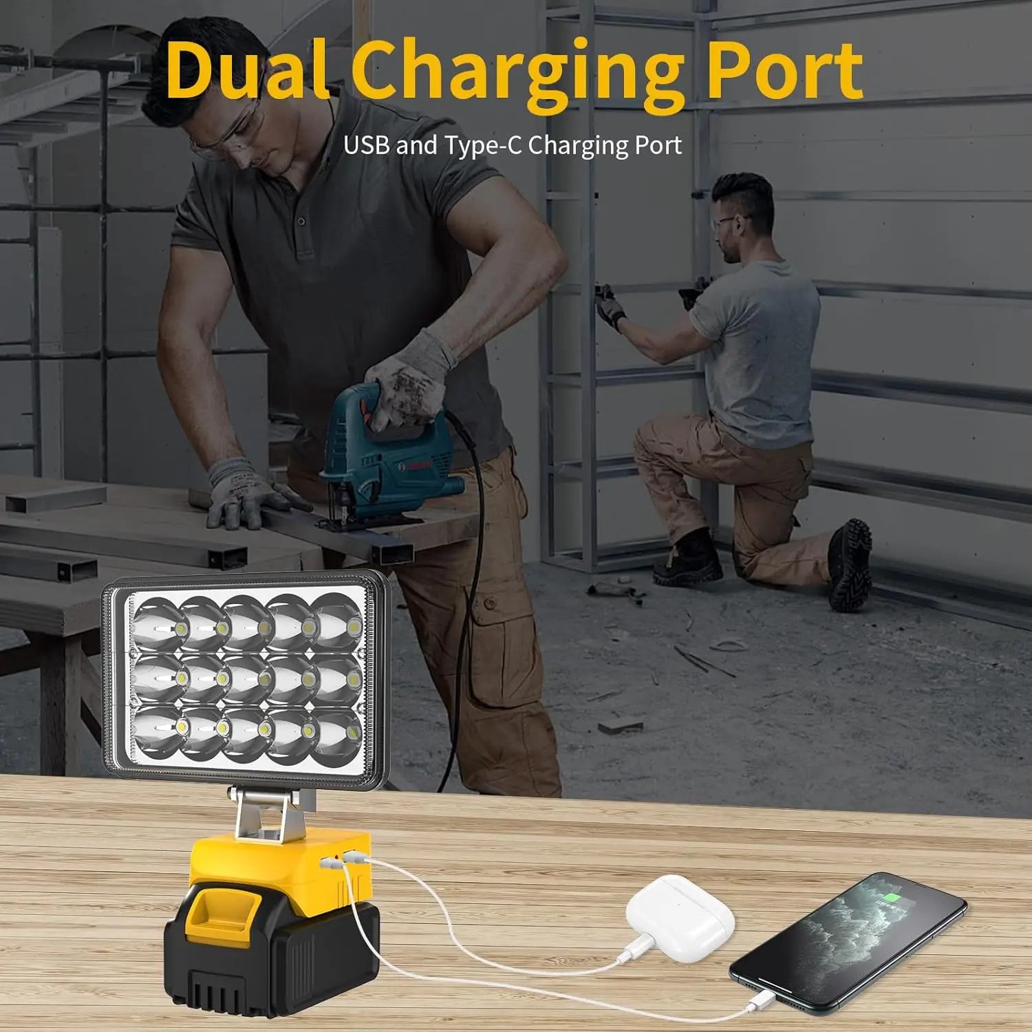 48W/60W/100W Portable LED Work Light Rechargeable LED Flood Light for Dewalt 18V-20V Li-ion Battery Cordless Work Light 6000k