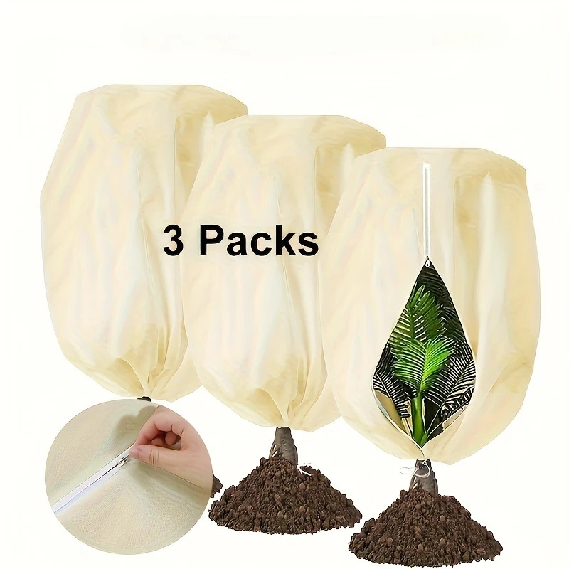 3-Pack Beige Plant Frost Protection Covers,Zipper Drawstring Winter Warming Shields for Greenery and Vegetables - Durable Garden