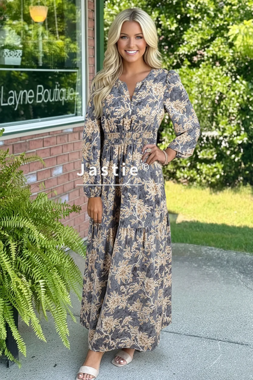 Vestido largo floral vintage para mujer, manga larga abombada, cuello en V, cintura ahumada, vestido de playa con gradas, vestidos de vacaciones bohemios informales fluidos