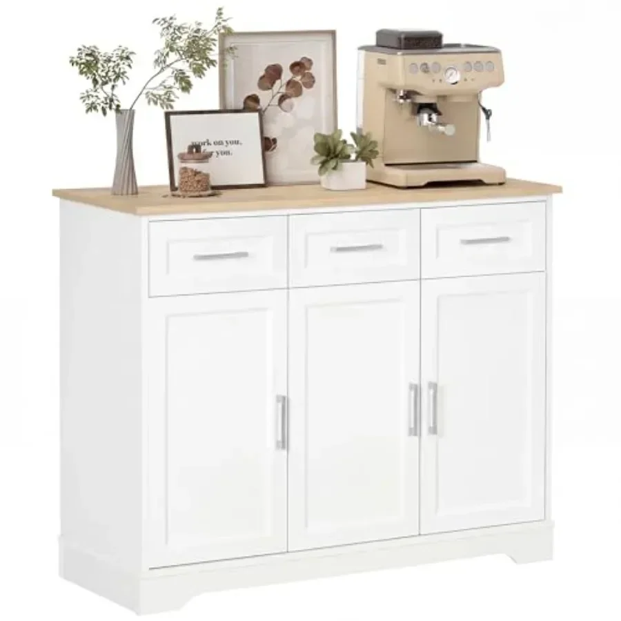 Sideboard Buffet Cabinet for dining room use, MDF wood material, white color, with 3 smooth-gliding storage drawers and ample s
