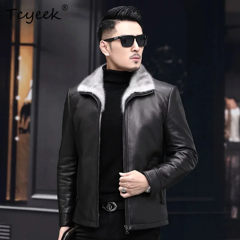 Tcyeek 100% Deerskin Real Leather Jacket Man Clothes Natural Mink Coat Men Fashion Winter Clothes Warm Real Fur Coats Slim Fit
